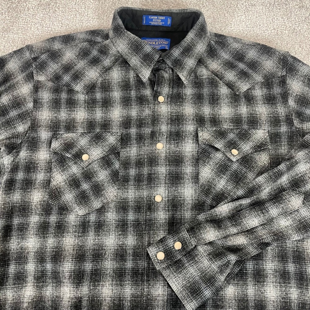 Pendleton Canyon Shirt Mens Small Fitted Wool‎ Western Snap Plaid Grey Black